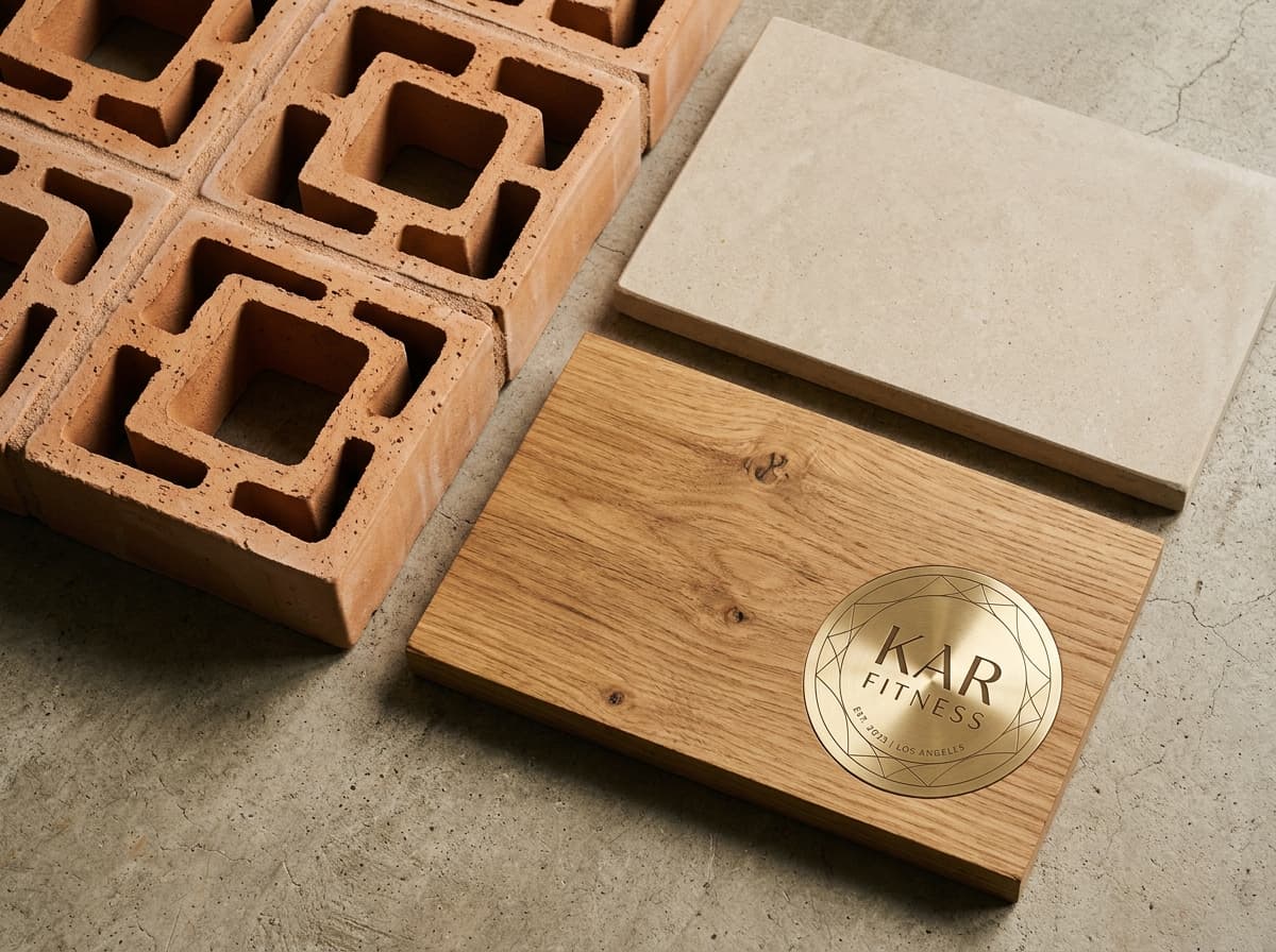 Tactile materials: Terracotta clay jaali, honed limestone microcement, natural oak, and brushed brass medallion